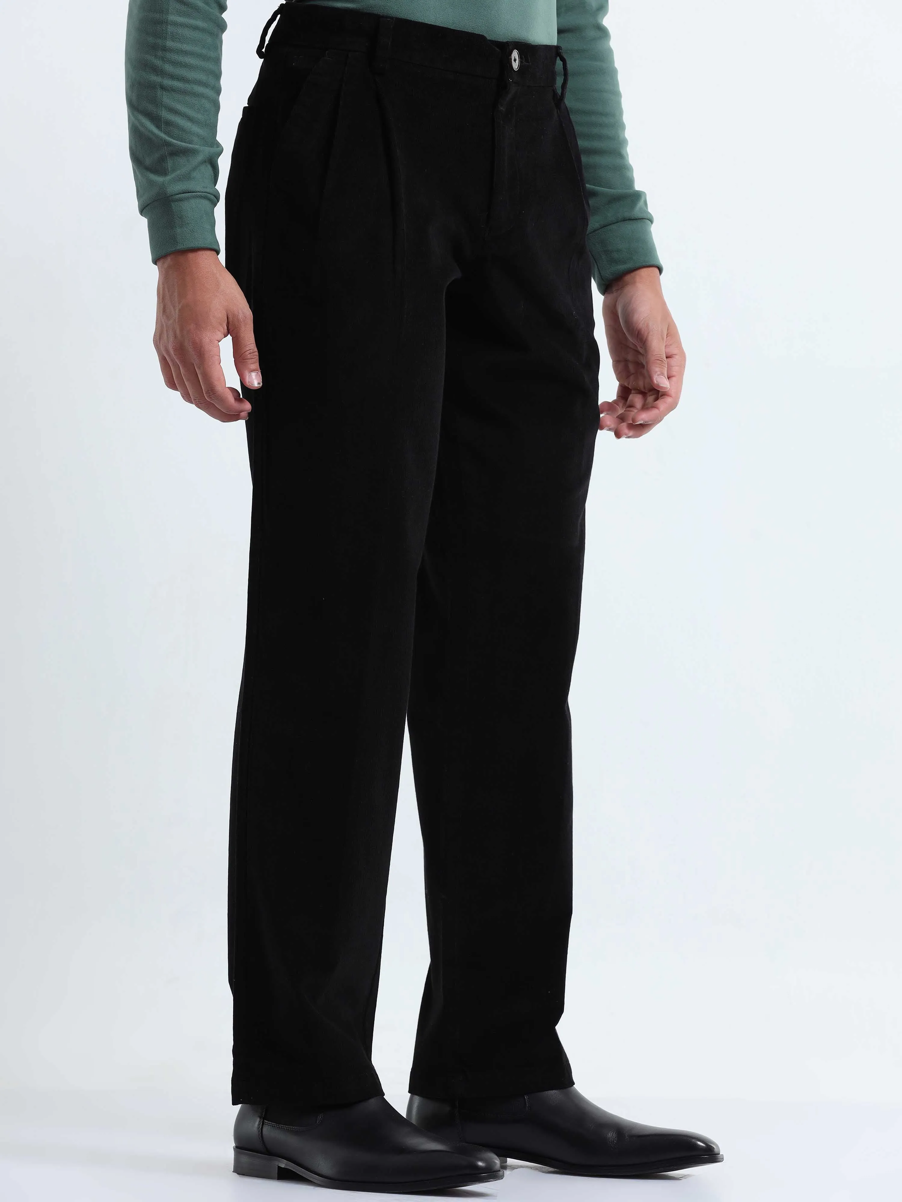 Soft Corduroy Black Relaxed Pleated Pant