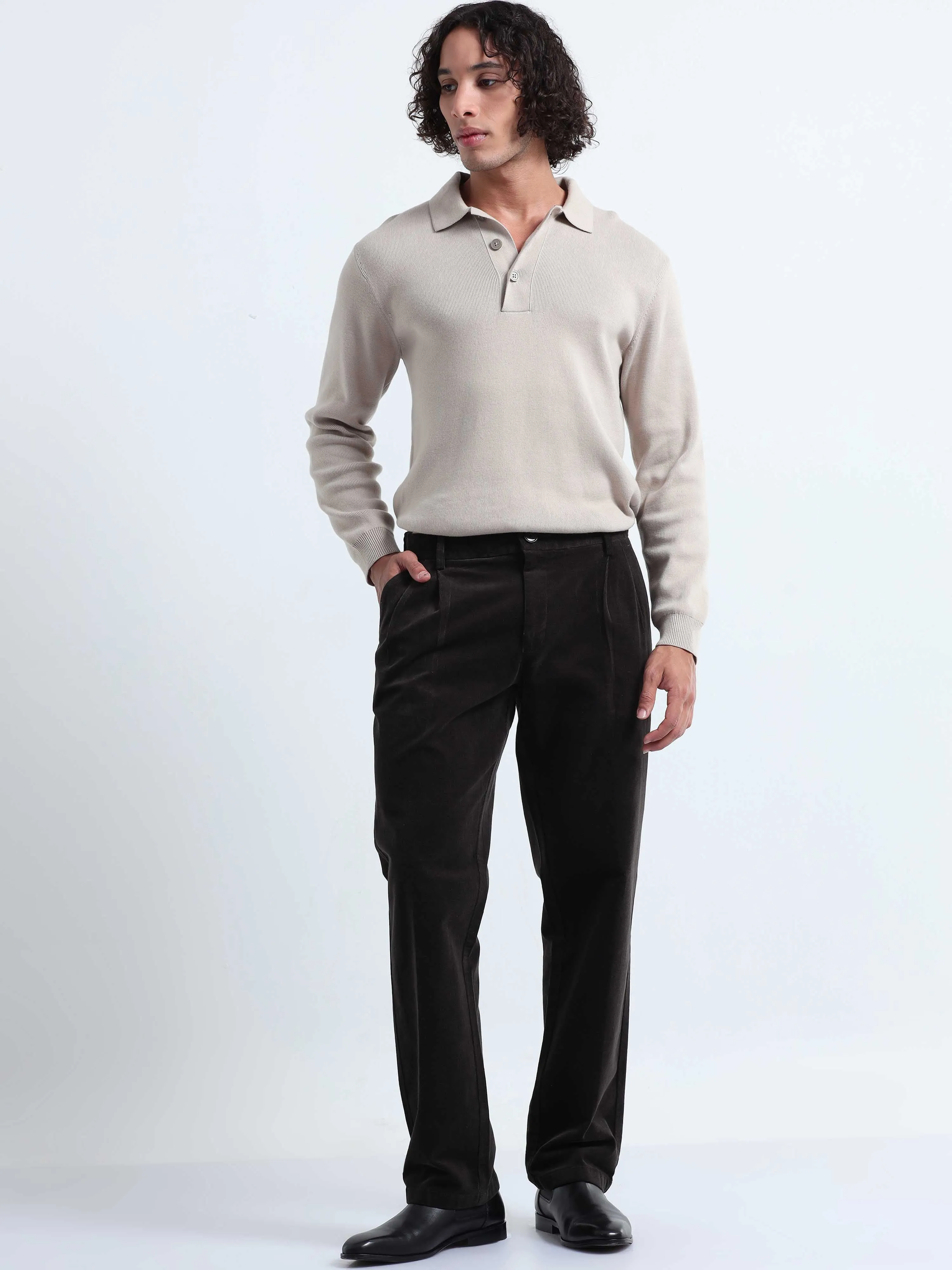 Soft Corduroy Dark Olive Relaxed Pleated Pant
