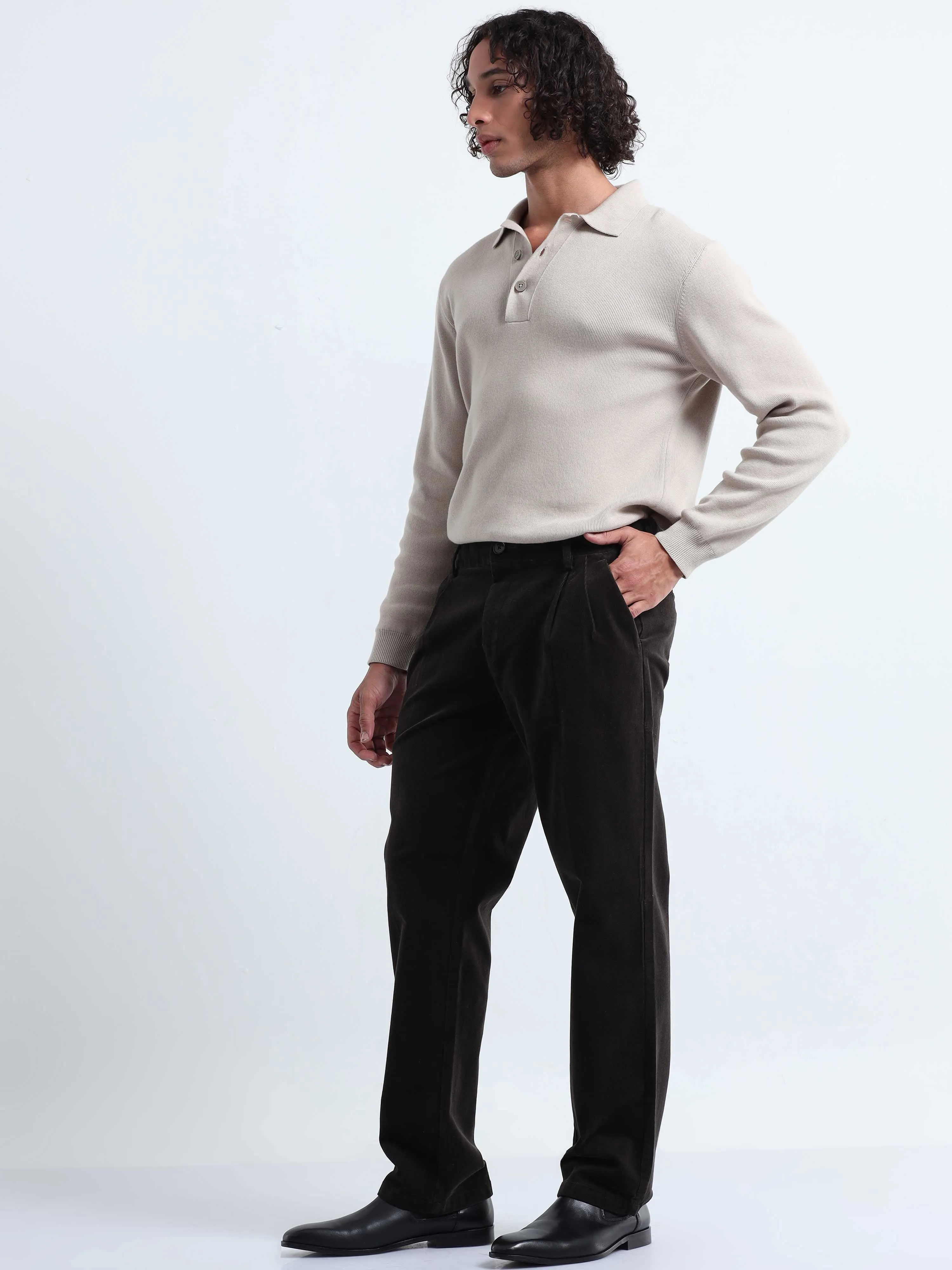 Soft Corduroy Dark Olive Relaxed Pleated Pant