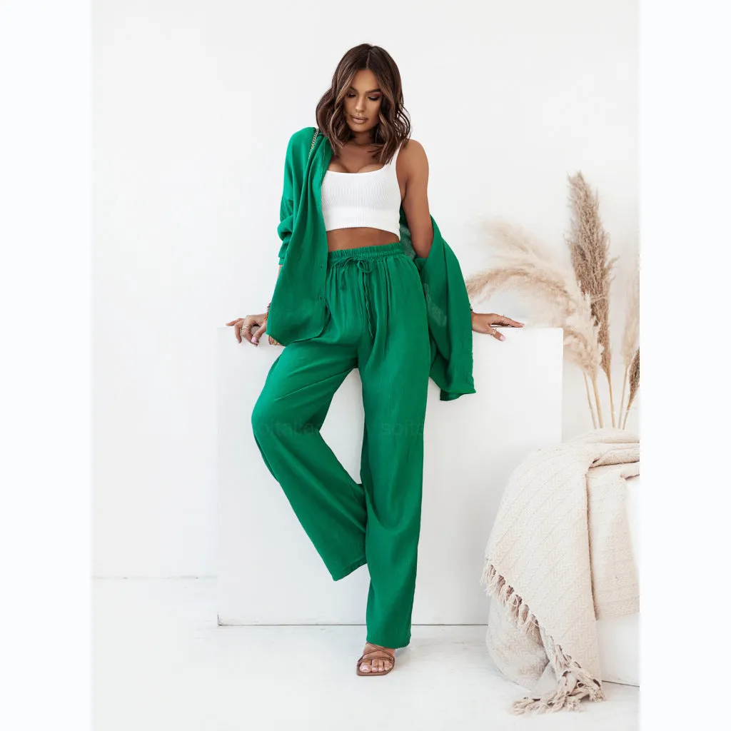 Solid Color Leisure Fashion Long Sleeve Blouse And Pants Outfit Set for Women