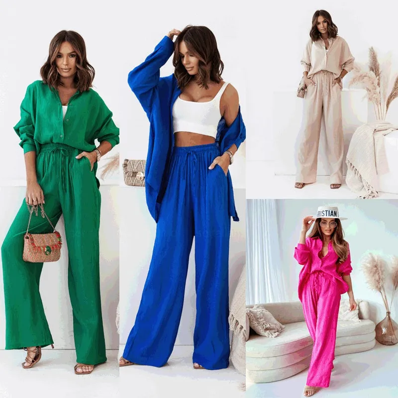 Solid Color Leisure Fashion Long Sleeve Blouse And Pants Outfit Set for Women
