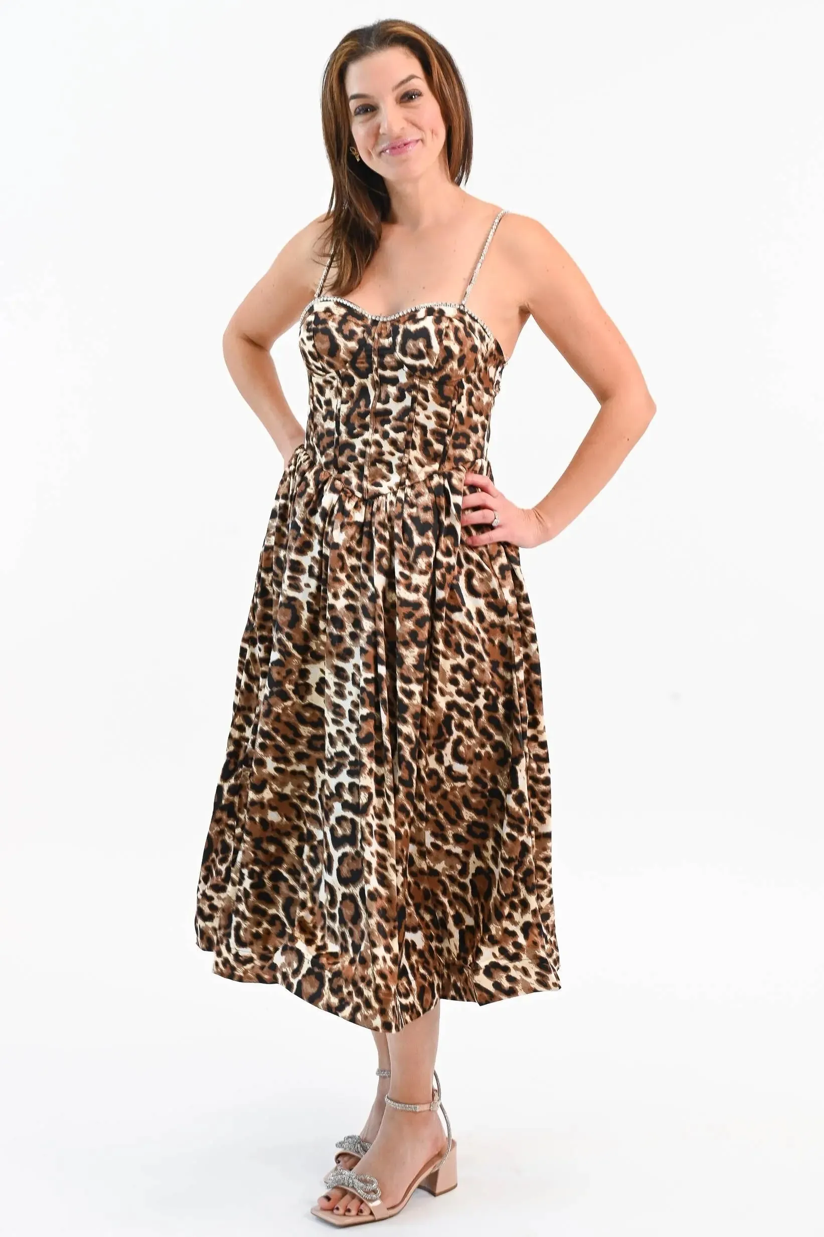 That Don't Impress Me Much Leopard Midi Dress with Rhinestone