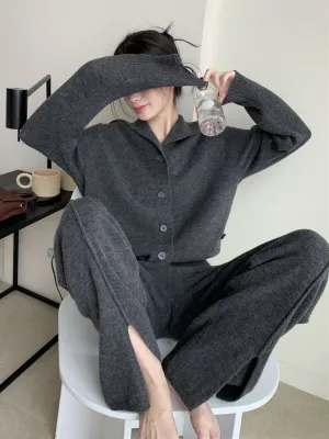 Urban Loose  Solid Color Cardigan Tops & Wide Leg Split-Front Pants Suits