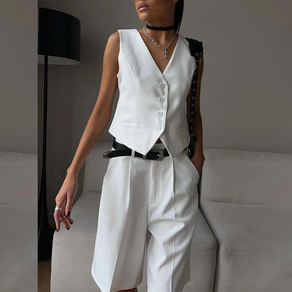 V-Neck Buttoned Vest Straight-Leg Shorts Suit