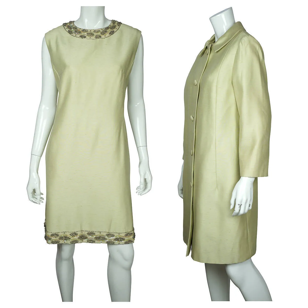 Vintage 1960s Beaded Silk Dress &amp; Coat Set Light Green Custom Made Size L XL