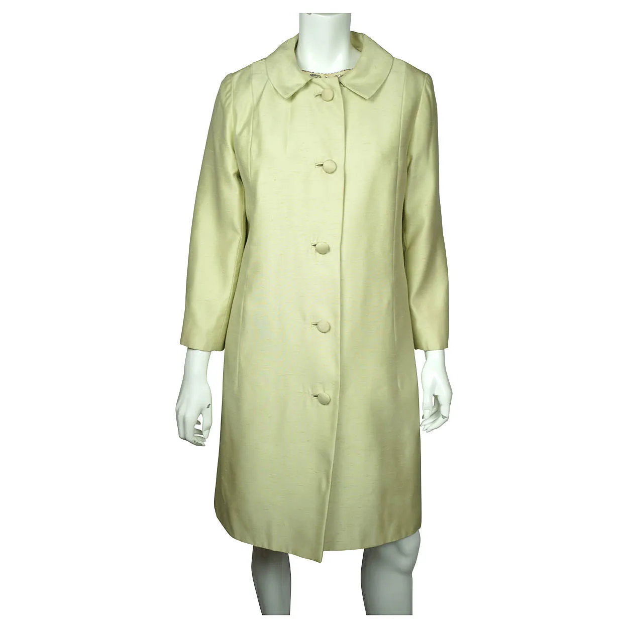Vintage 1960s Beaded Silk Dress &amp; Coat Set Light Green Custom Made Size L XL