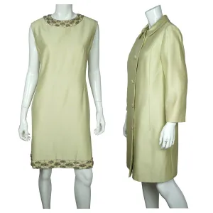 Vintage 1960s Beaded Silk Dress &amp; Coat Set Light Green Custom Made Size L XL