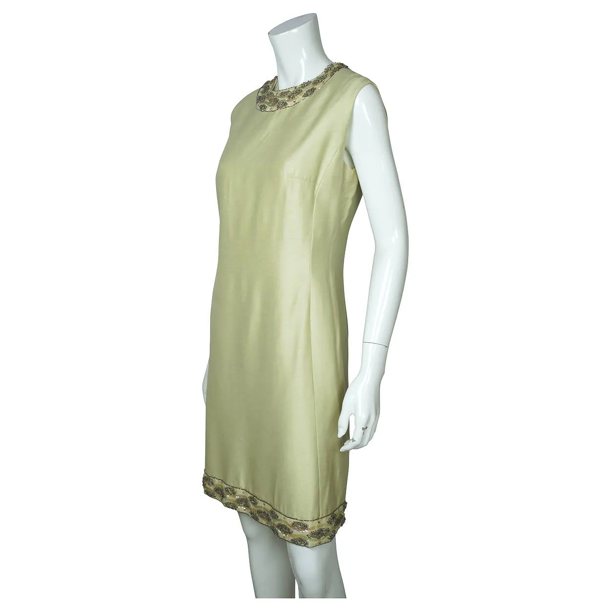 Vintage 1960s Beaded Silk Dress &amp; Coat Set Light Green Custom Made Size L XL