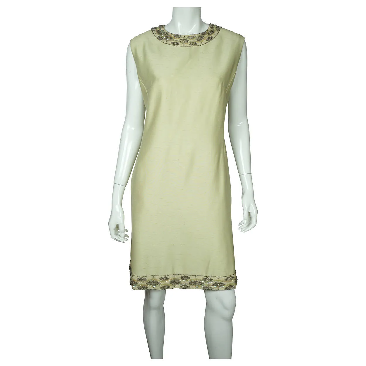 Vintage 1960s Beaded Silk Dress &amp; Coat Set Light Green Custom Made Size L XL