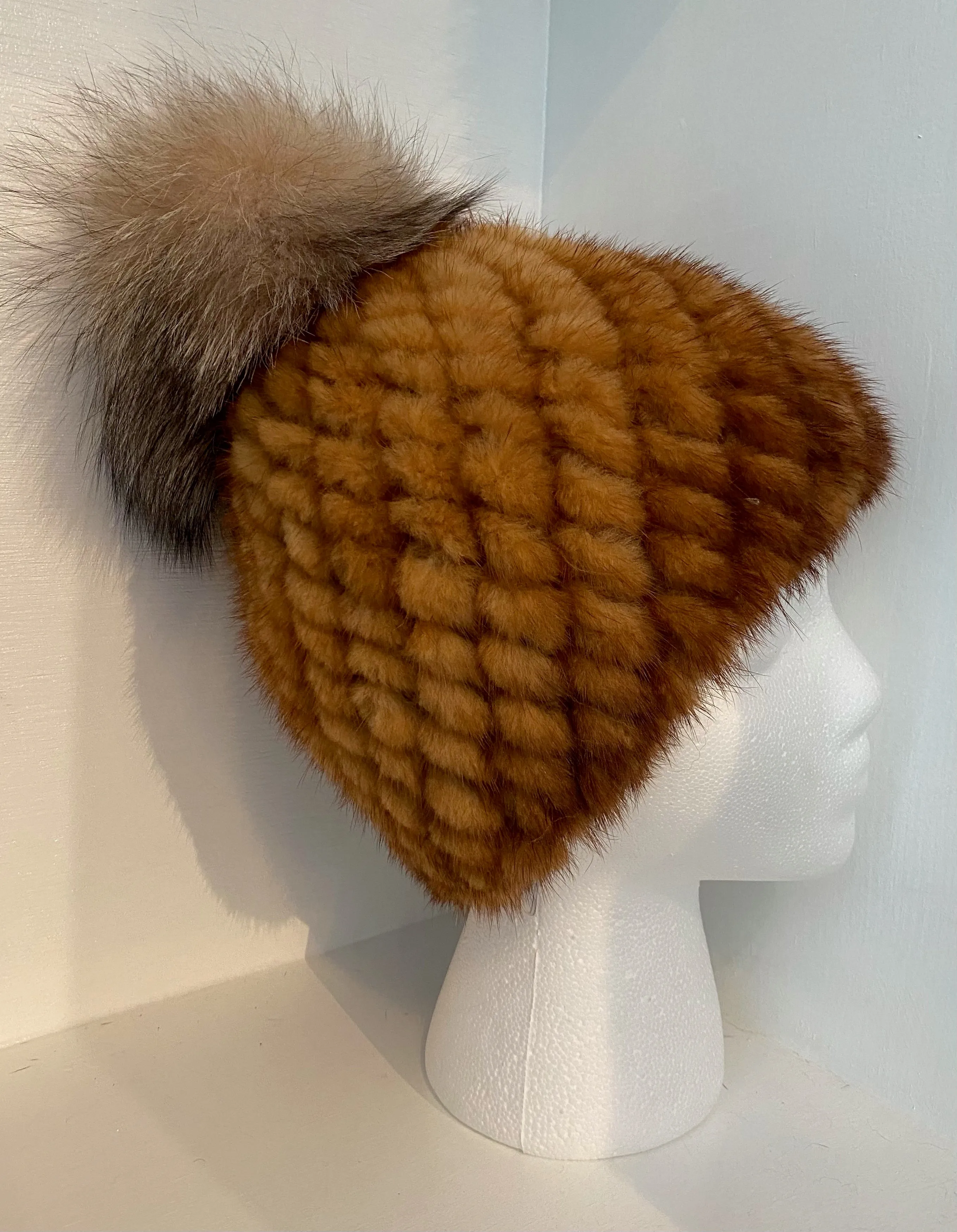 Whisky Mink Knit Hat with Pompom