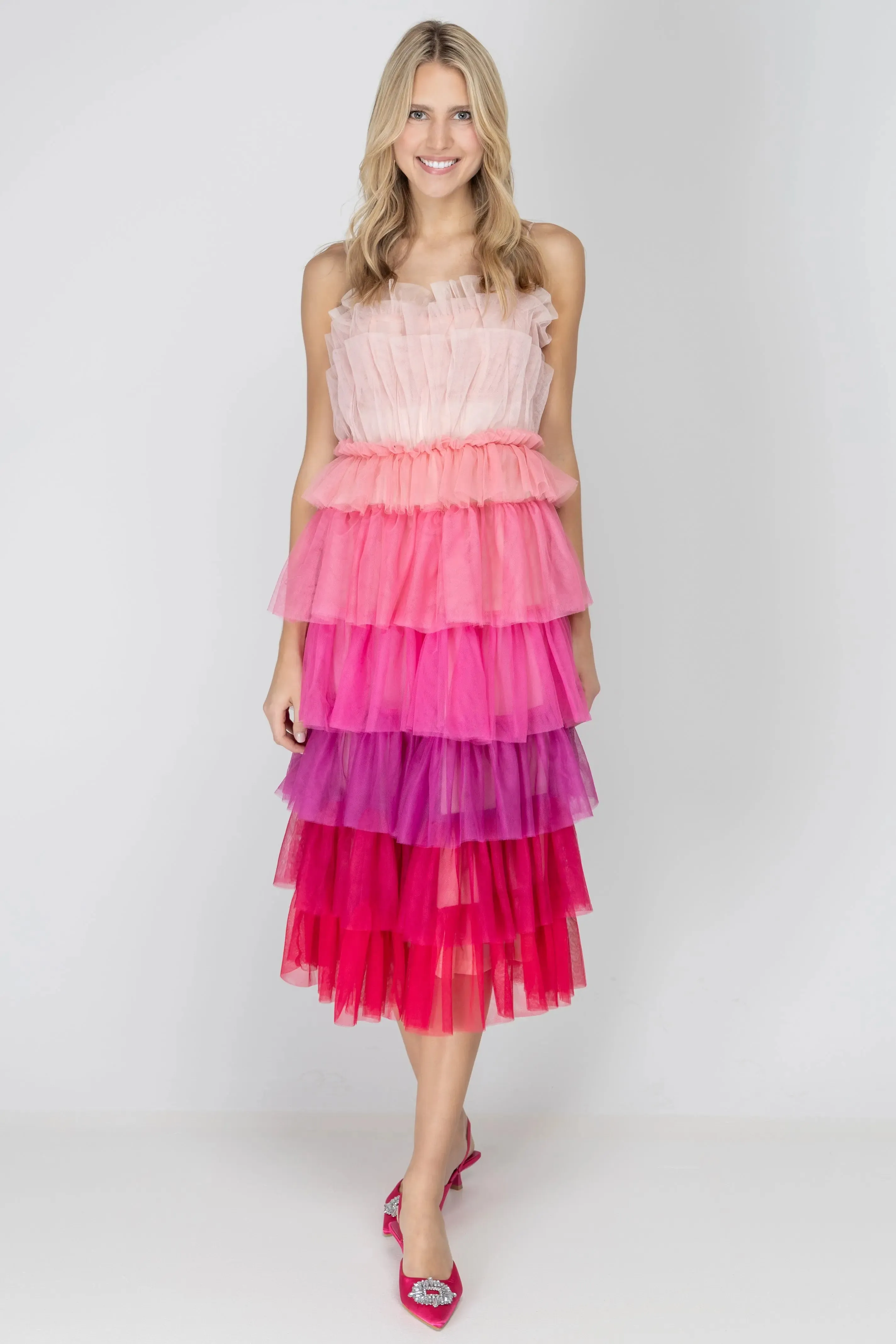 Wildest Dreams Pink Ombre Tulle Midi Dress