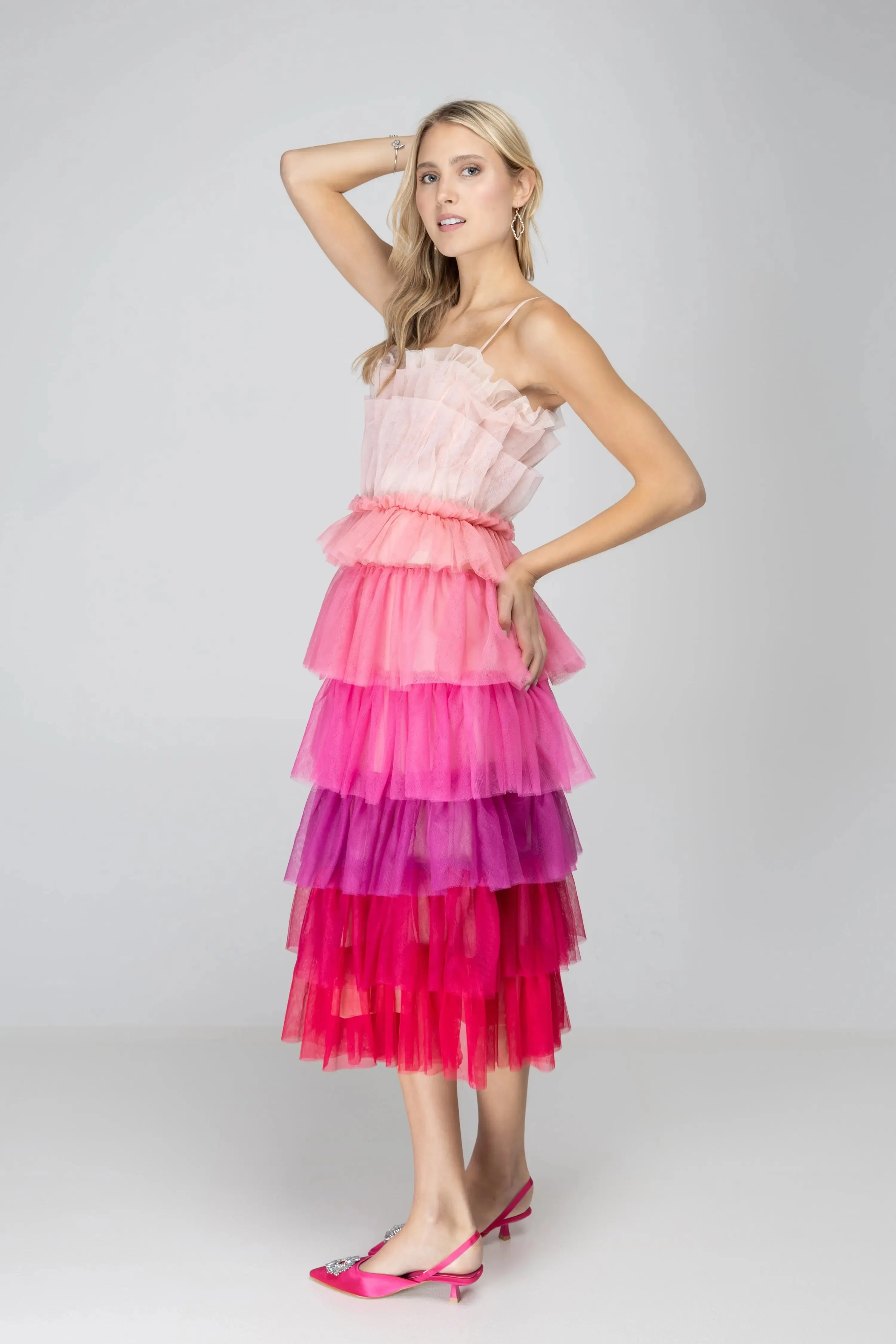 Wildest Dreams Pink Ombre Tulle Midi Dress