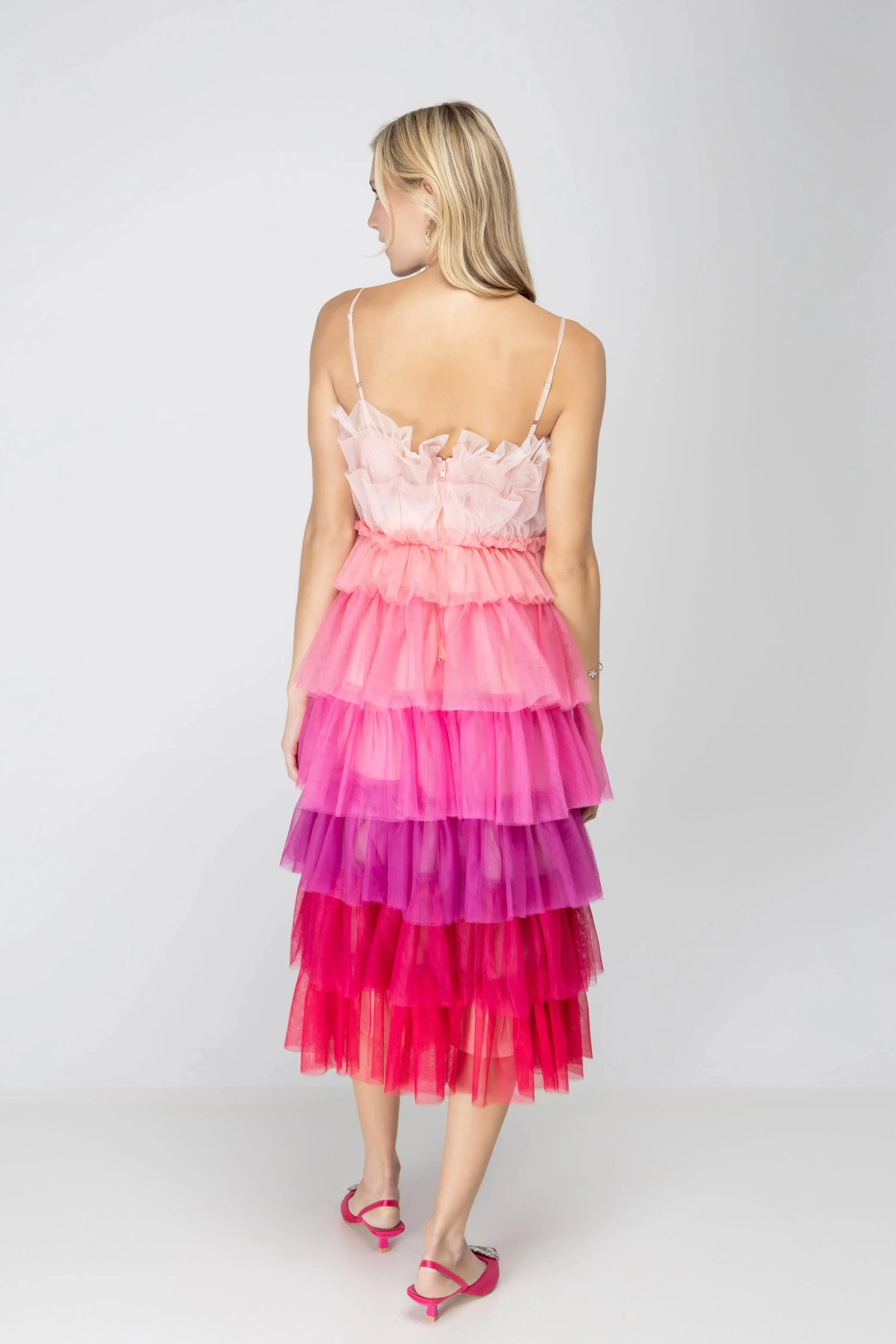 Wildest Dreams Pink Ombre Tulle Midi Dress