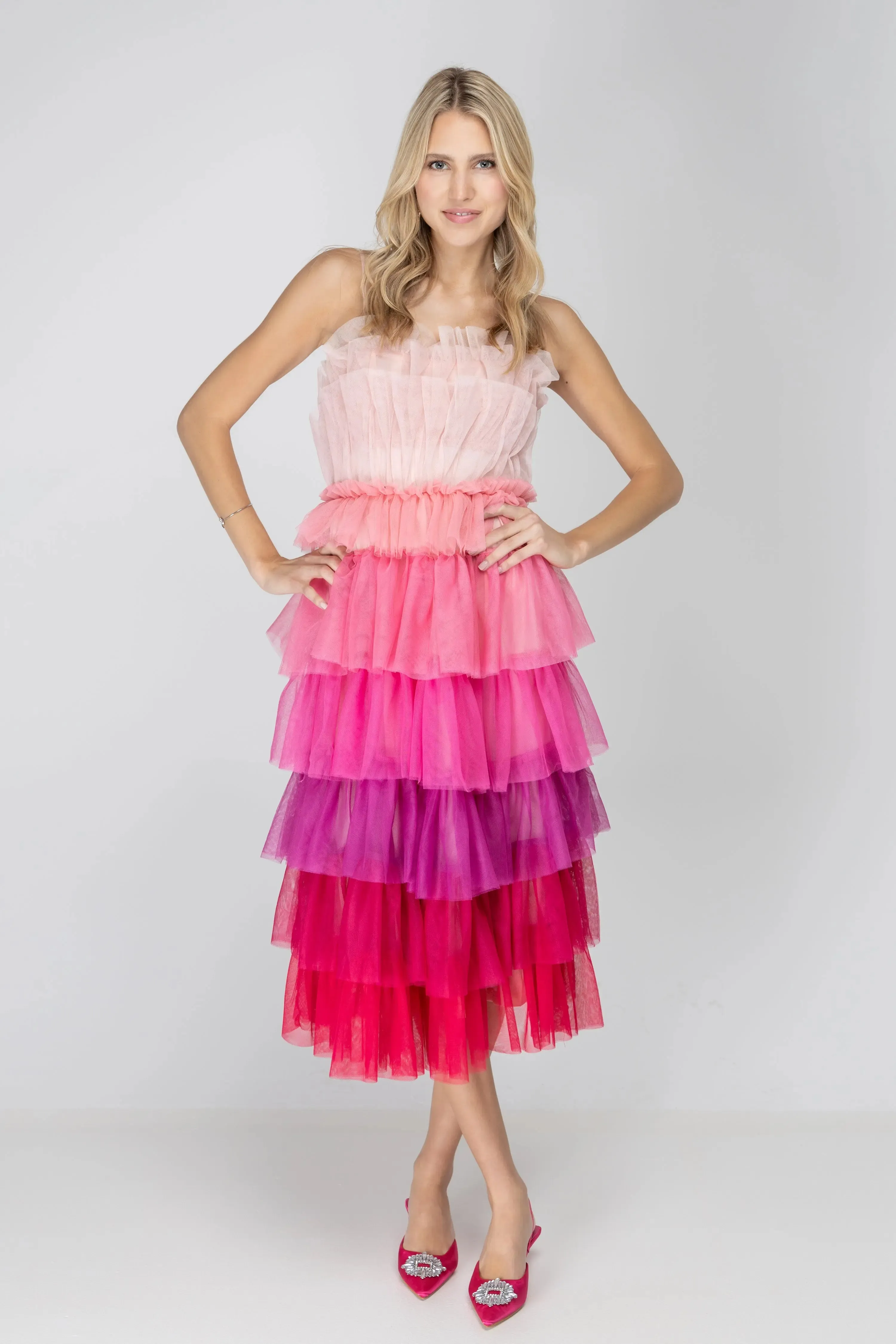 Wildest Dreams Pink Ombre Tulle Midi Dress