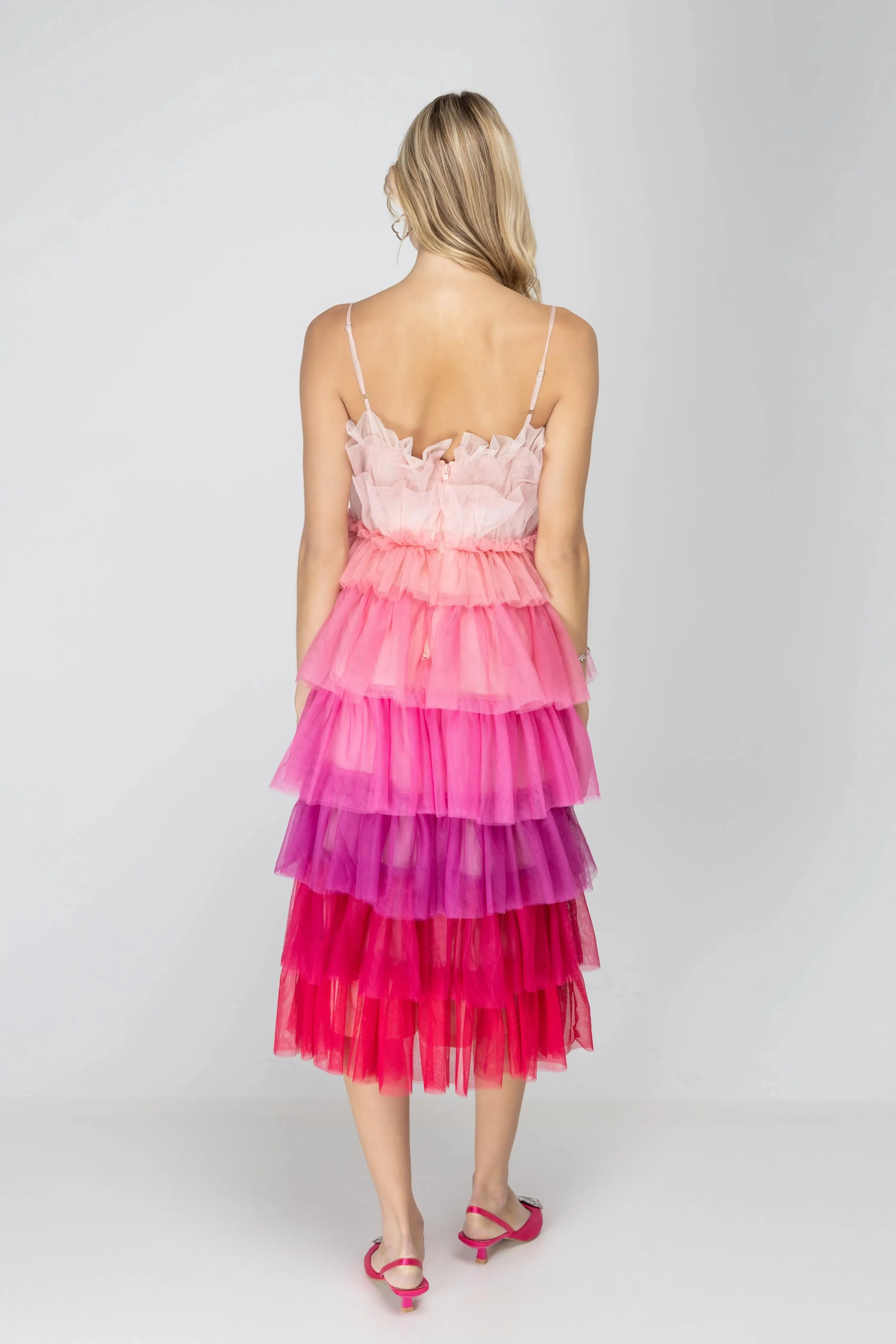 Wildest Dreams Pink Ombre Tulle Midi Dress