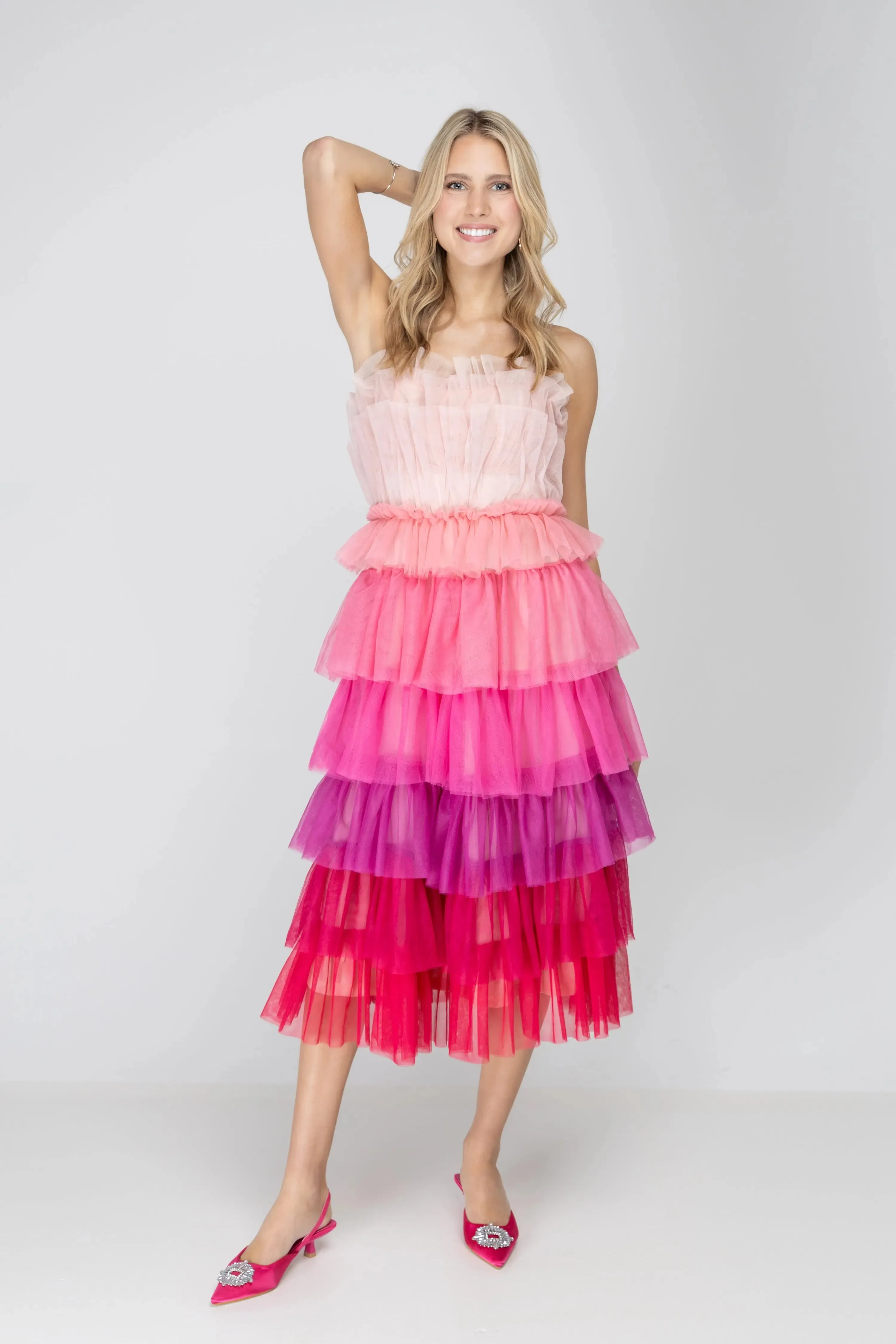Wildest Dreams Pink Ombre Tulle Midi Dress