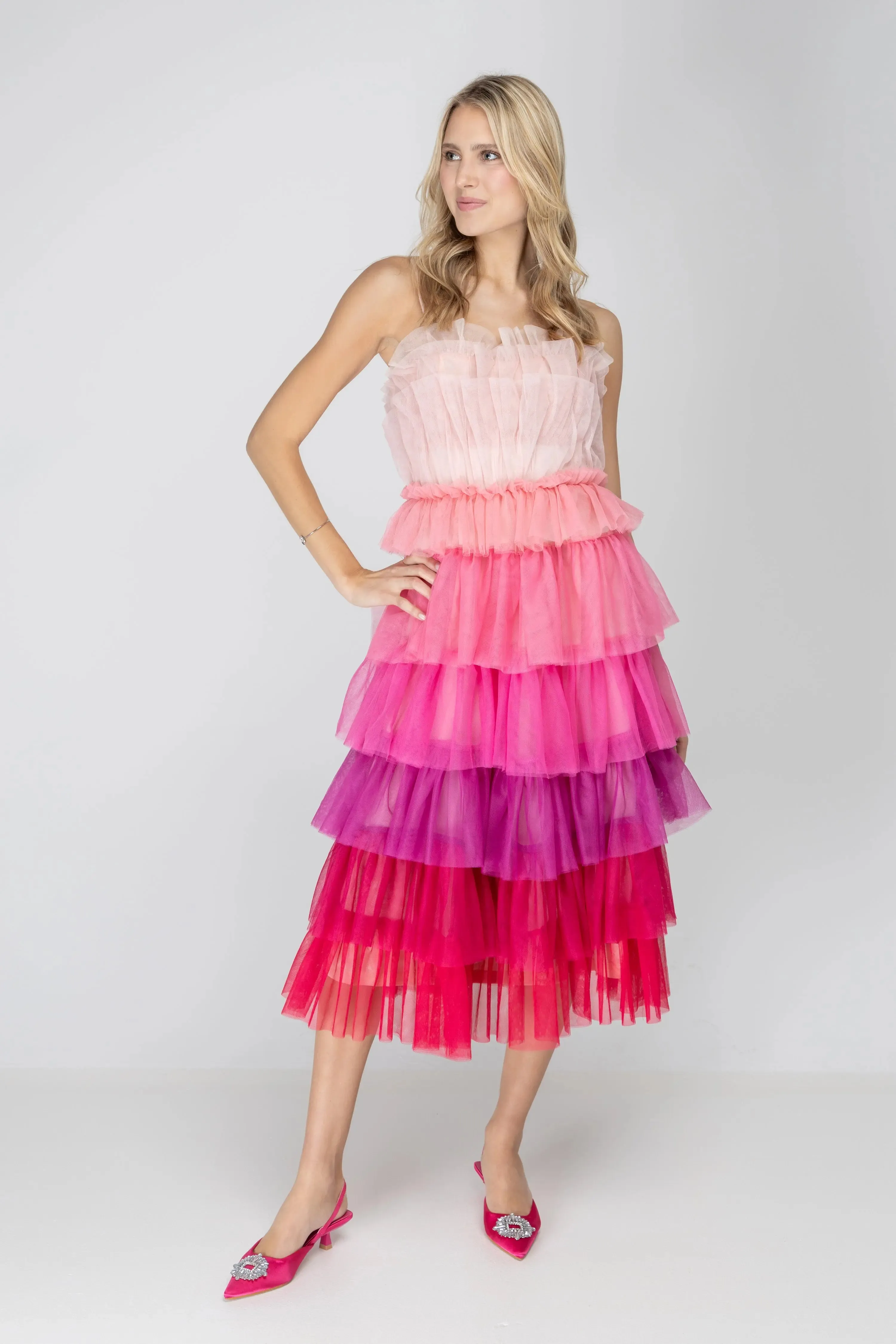 Wildest Dreams Pink Ombre Tulle Midi Dress