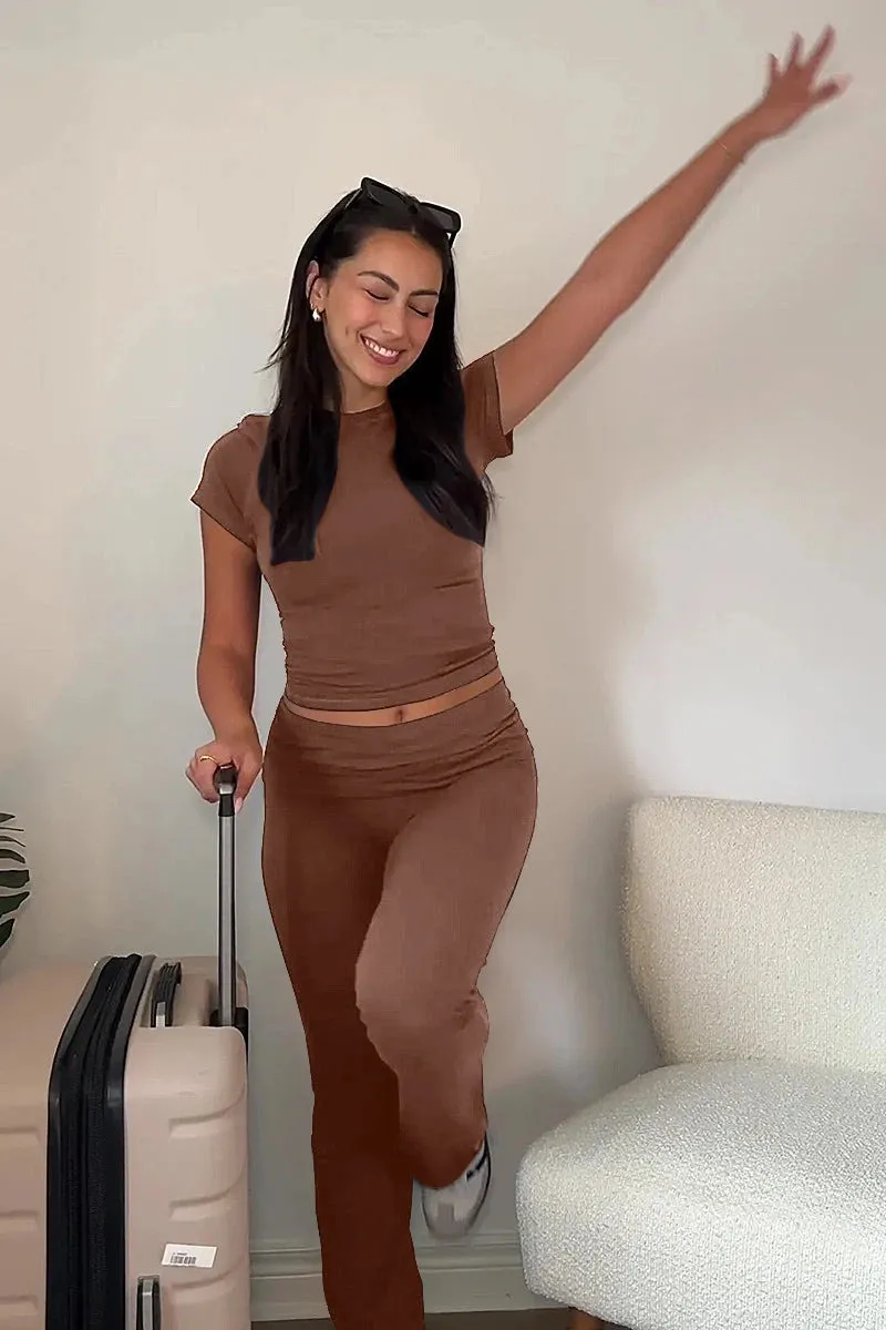 Women 2 Piece Lounge Sets Fold Over Short Sleeve Crop Top And Low Rise Flare Leggings Yoga Pants Set Tracksuit