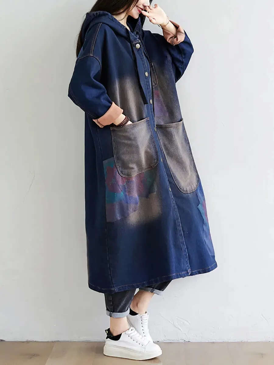 Women Wron Print Splced Denim Hooded Coat