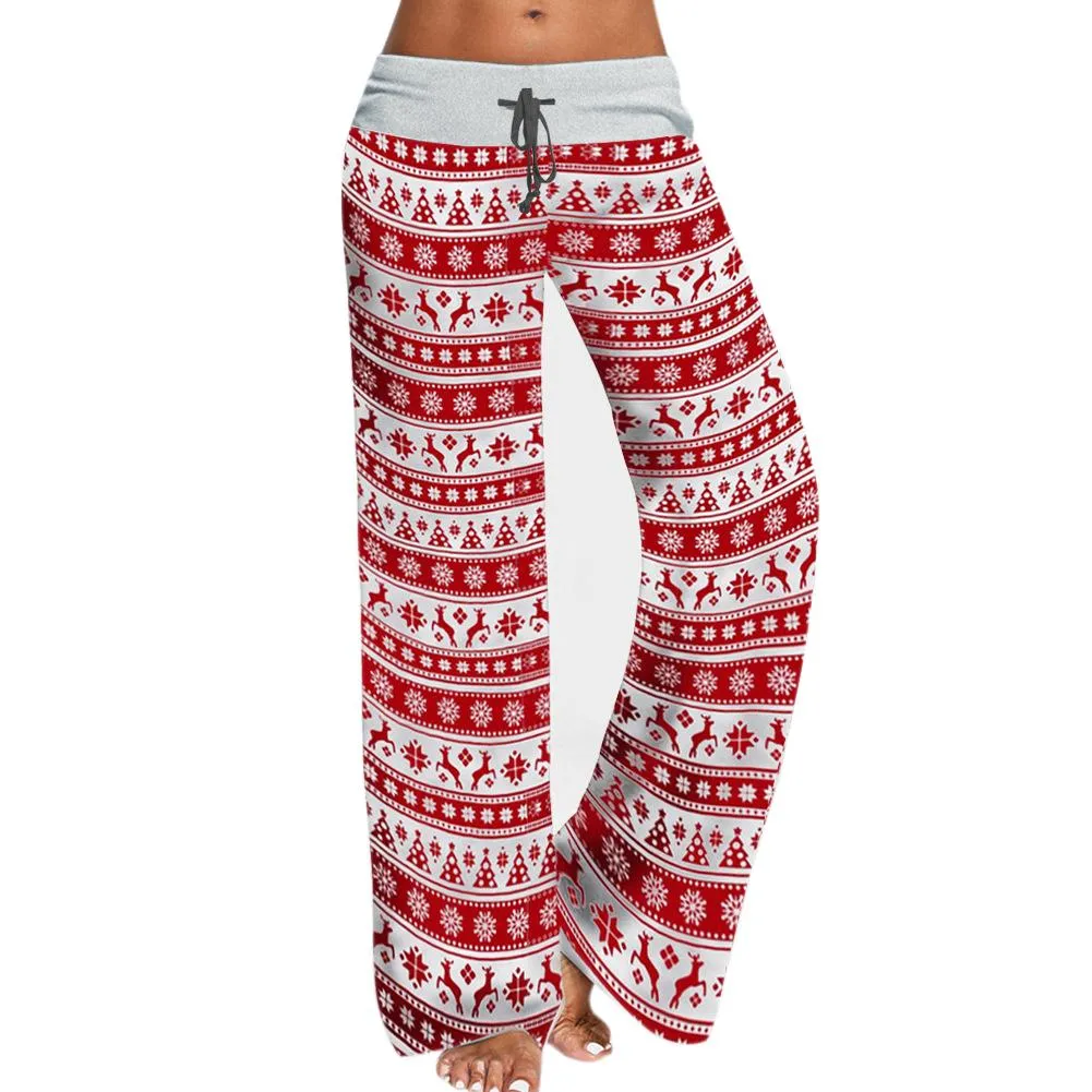 Xmas Printing Straight Pants Bandage Splicing Women Loose Elastic Trousers